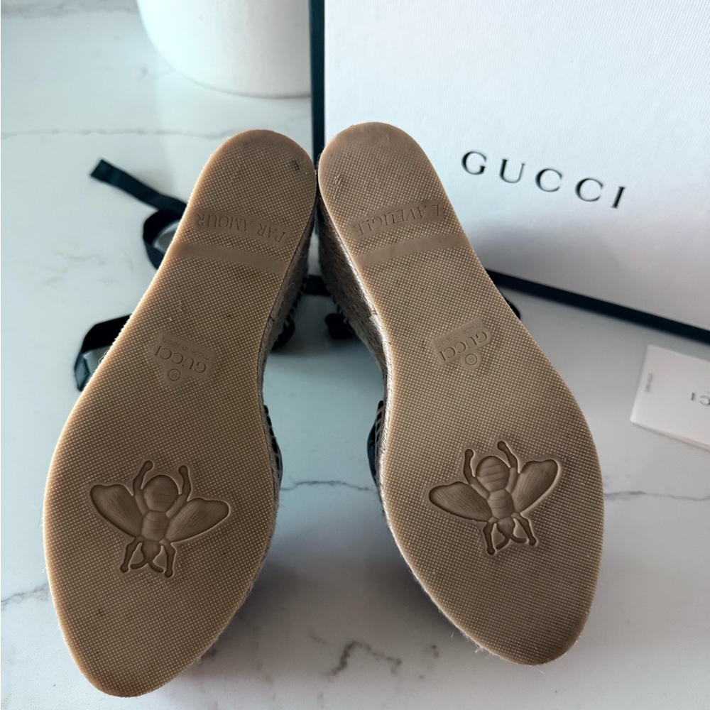 Gucci Black Quilted Leather Espadrille Wedges with Gold GG - Picture 3 of 4